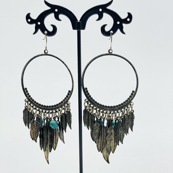 Feather Drop Hoop Earrings Pierced Gold Tone Faux Turquoise Beads Ethnic Native - Picture 8 of 8